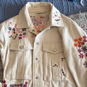 Anthropologie Cream Floral Embroidered Jean Jackets